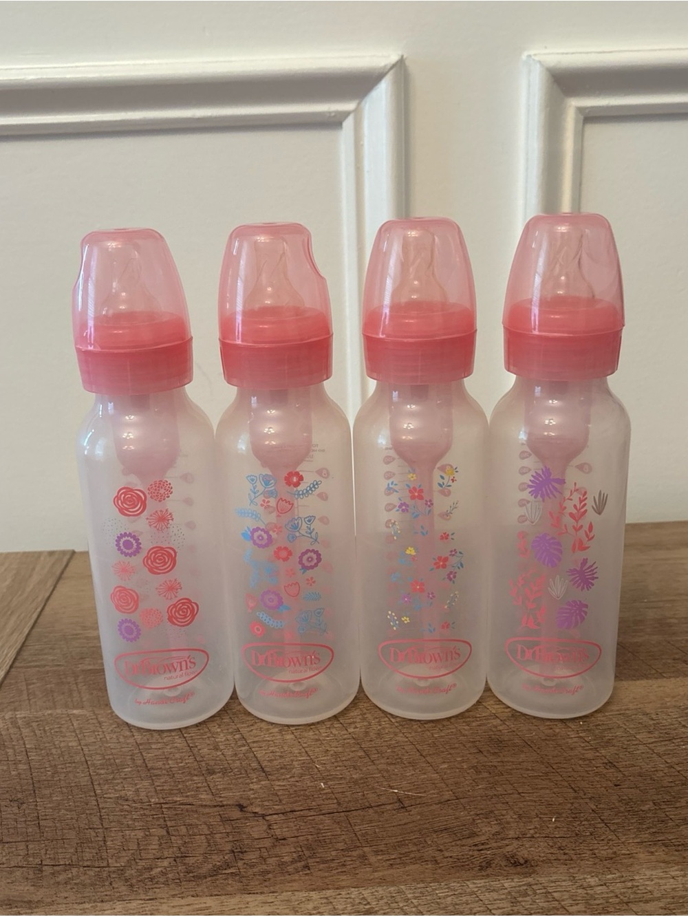 Dr Browns 4 Baby Bottle 8oz Pink Flowers Bottles W/ Level 2 Nipples and Caps
